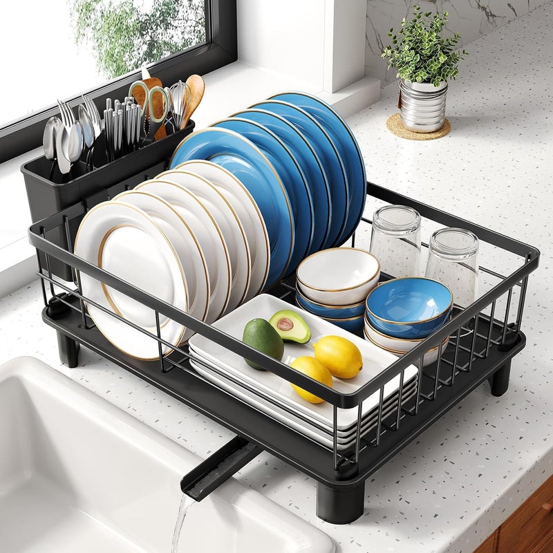 SNTD Dish Drying Rack - Small Dish Rack for Kitchen Counter, Stainless Steel Dish Drainer with Utensil Holder and Drainboard, 11" W x 15" L (Black) - Image 1